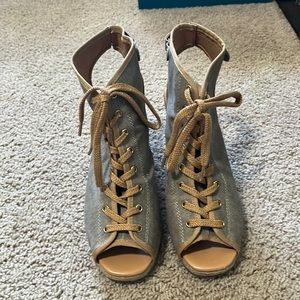 Canvas open toe lace up booties in taupe and tan